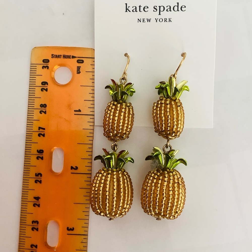 Kate Spade Pineapple Double Drop Gold and Green Tropical Earrings - Picture 3 of 4